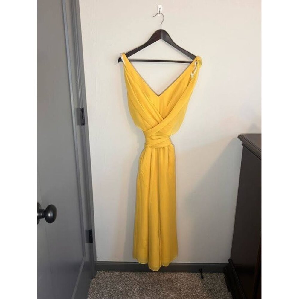 David's Bridal Convertible Crinkle Chiffon Sleeveless Wide Leg Jumpsuit Yellow M
